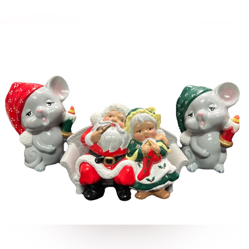 Vintage 80s Hand Painted ceramic Christmas mice Mouse And Mr. Mrs. Claus 4”-6”